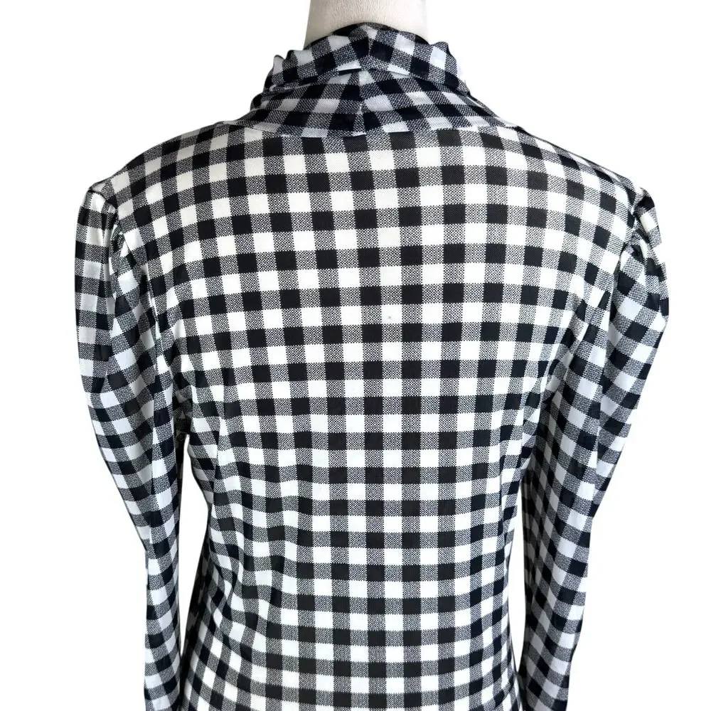 Free People Gathered Turtleneck Black & White Gingham Checkered Mesh Slim Top